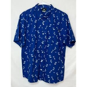 LRG Men’s XL Blue/White Safari Print Short Sleeve Button-Front Shirt Streetwear